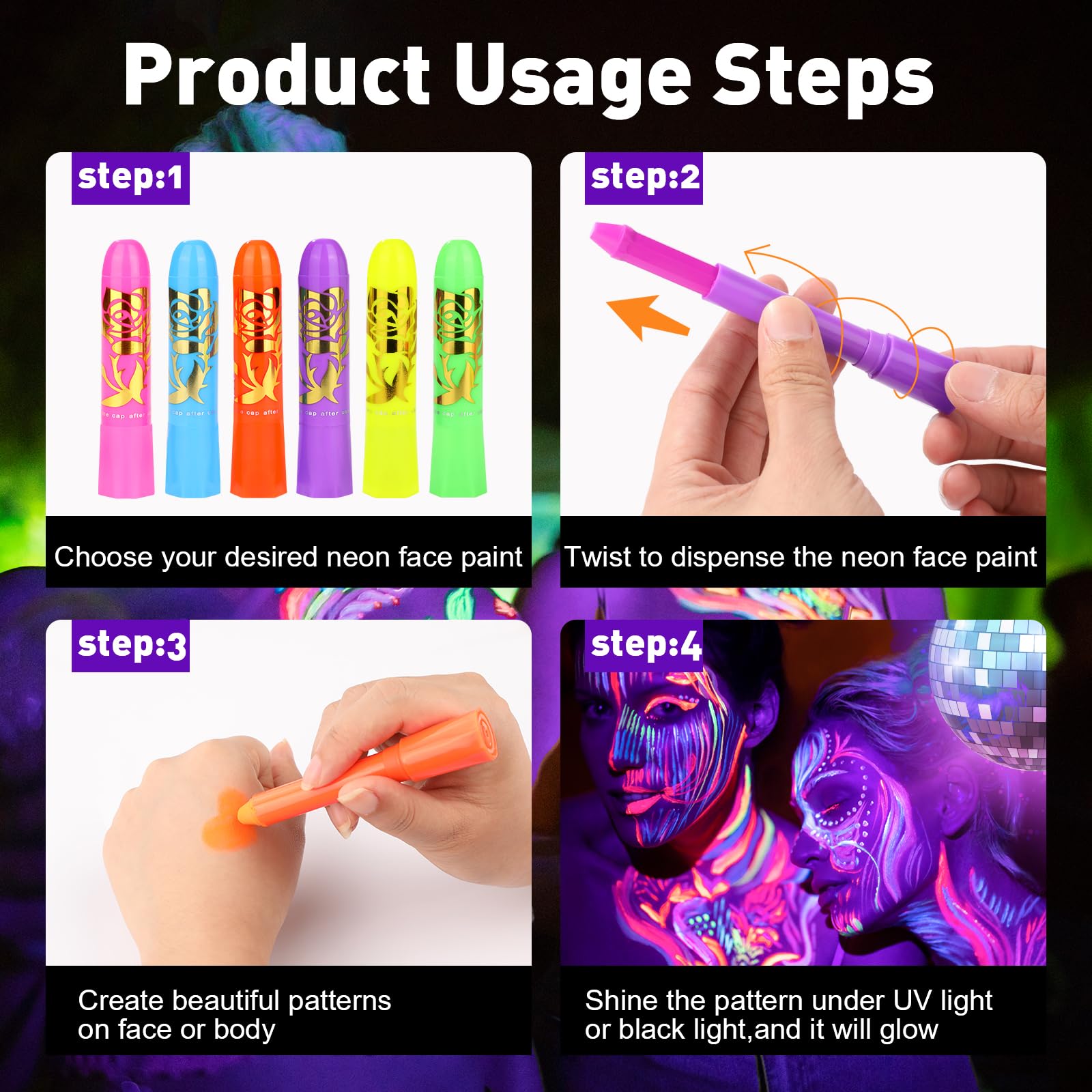 Pintura facial Vespro neón, perfecta para fiestas con luz UV.
