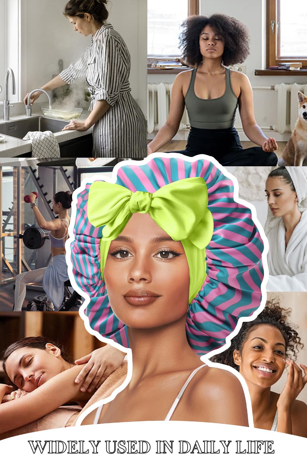 Bonete satén con franjas rojas y verdes protege la humedad del cabello