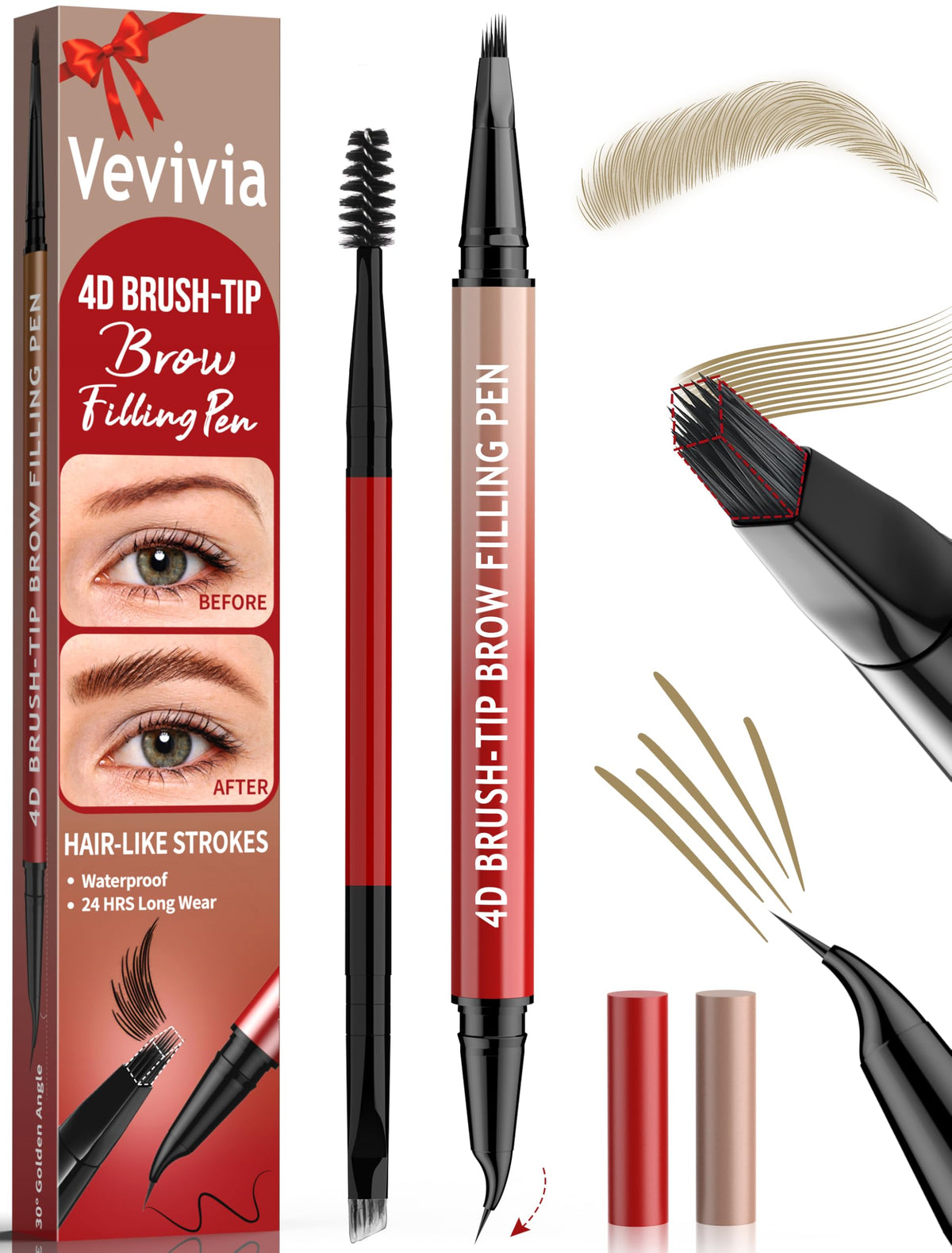 Lápiz de cejas Vevivia con brocha 4D y curva para trazos naturales.