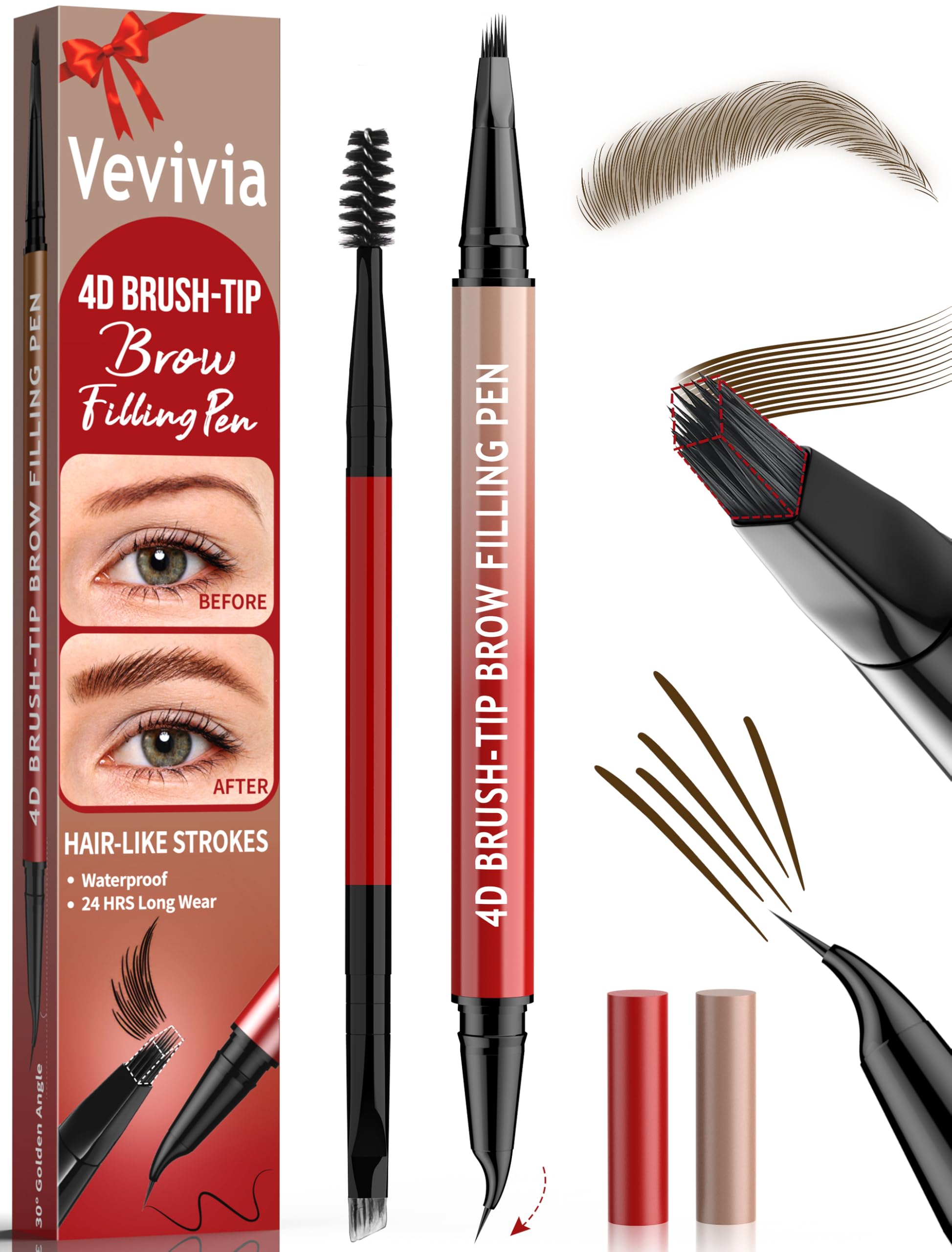 Lápiz Vevivia para cejas con cepillo 4D y punta curva, acabado natural.