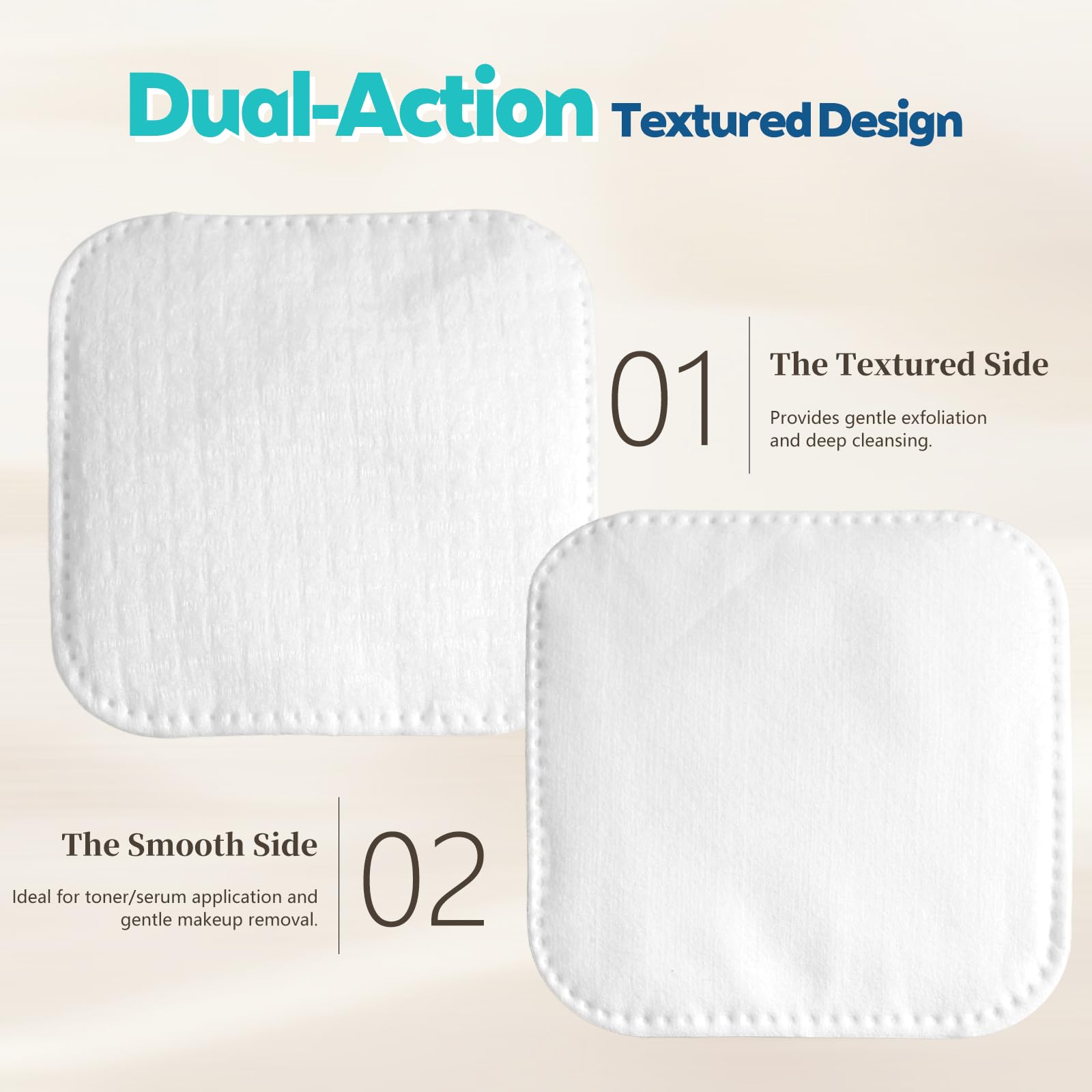 Vexlytra dual-sided texture pads demonstrating two surfaces for makeup removal and gentle cleansing