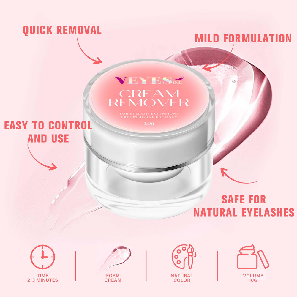 Step-by-step lash removal process using VEYES INC cream remover.