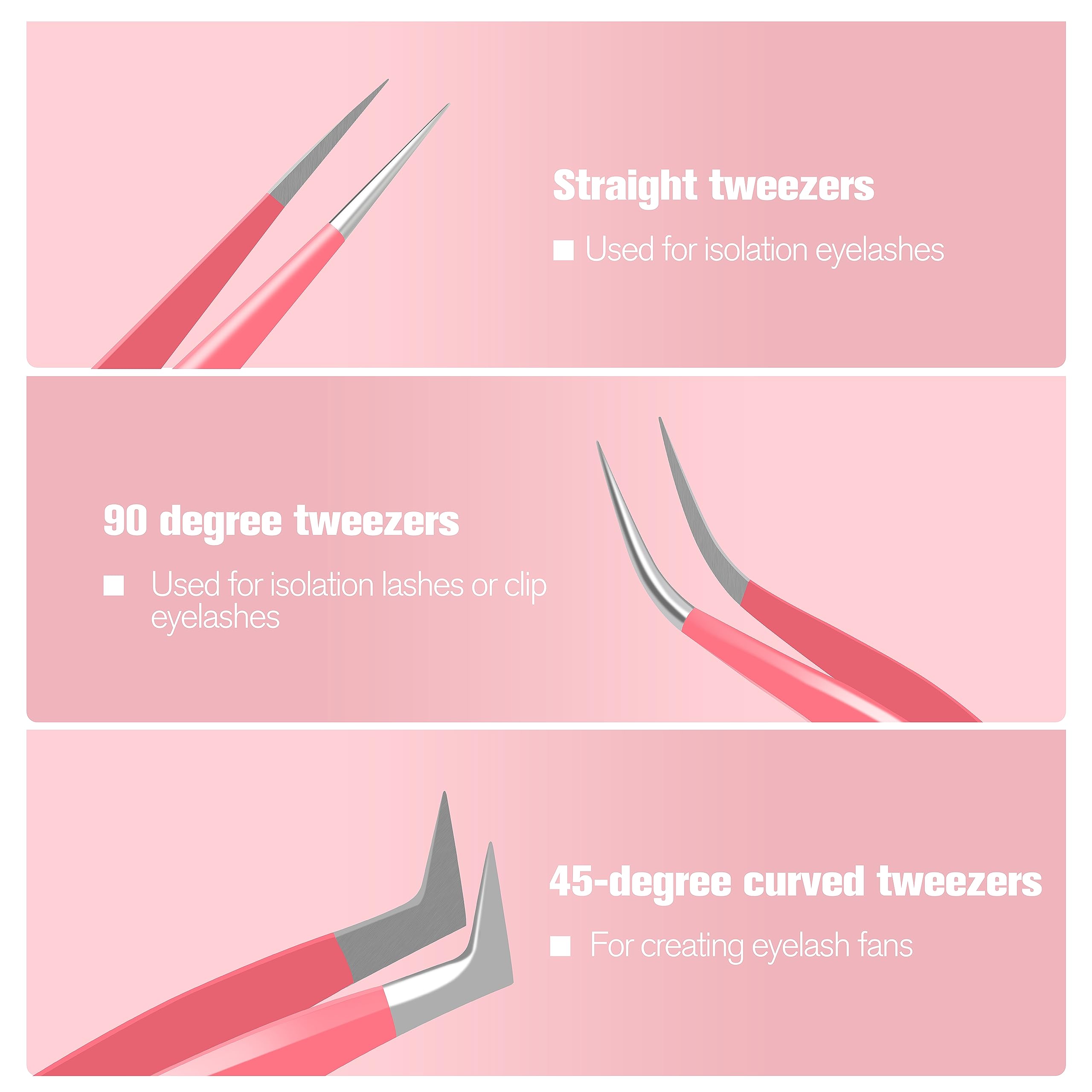 VEYES INC pink lash tweezers set improves visibility and control during application