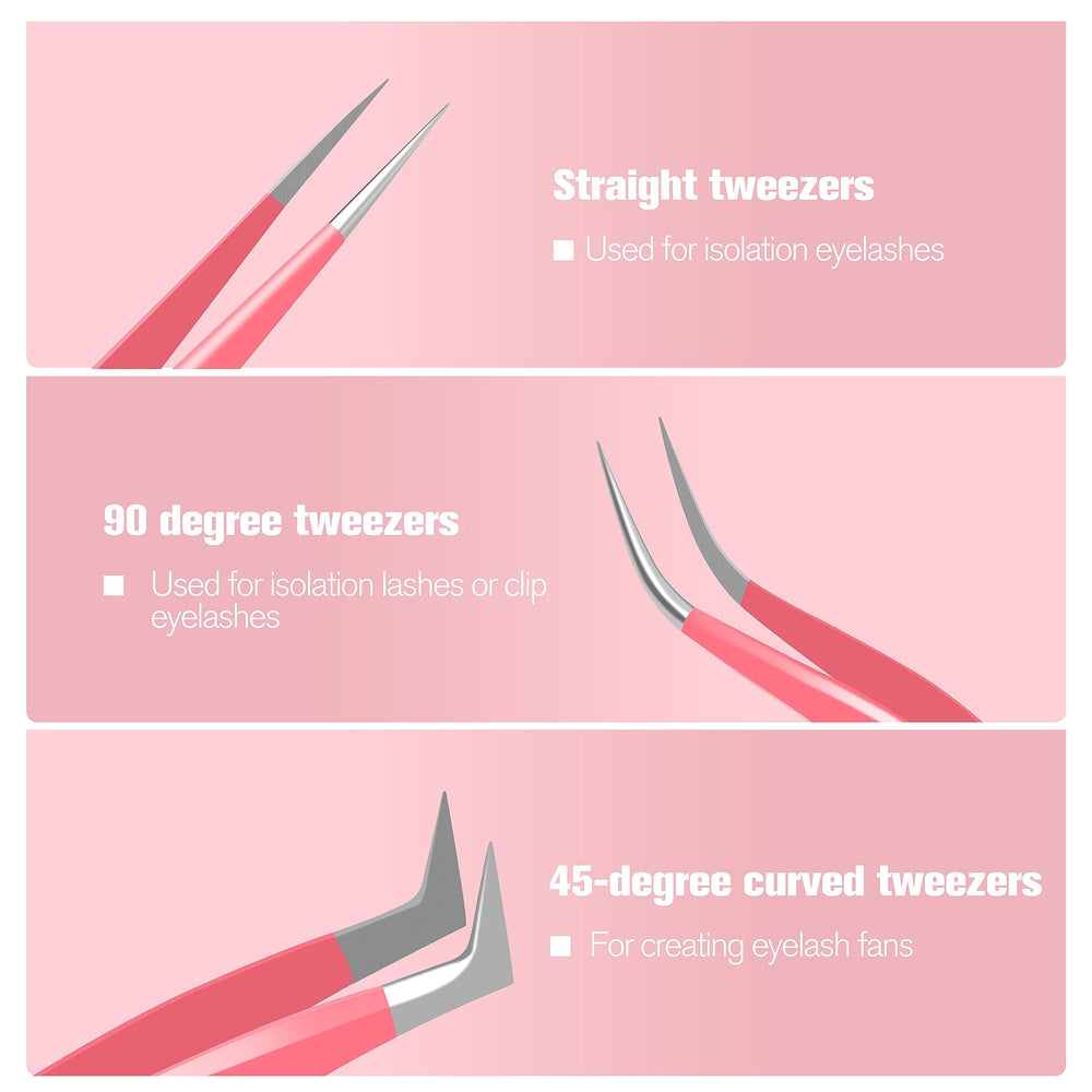 VEYES INC pink lash tweezers set improves visibility and control during application