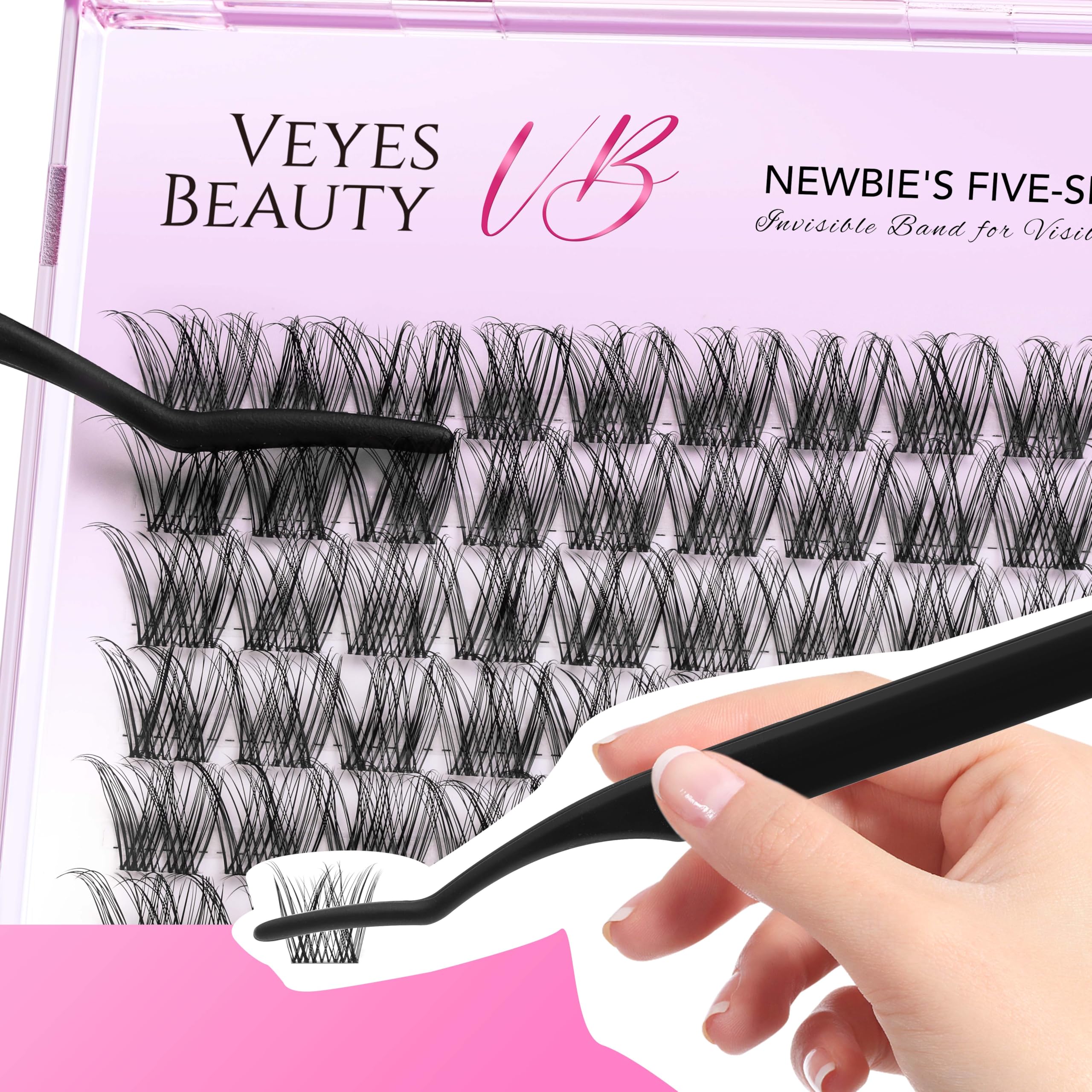 VEYESBEAUTY lash bond applicator demonstrates precise placement for clusters.
