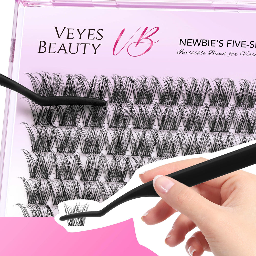VEYESBEAUTY lash bond applicator demonstrates precise placement for clusters.