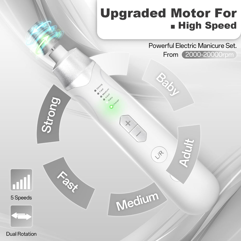 Five-speed settings allow customized filing for thick nails.