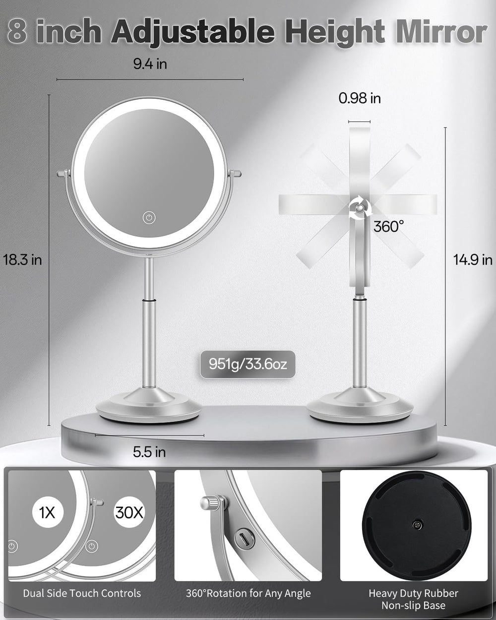 VFD compact cordless desk mirror suitable for desks or vanities