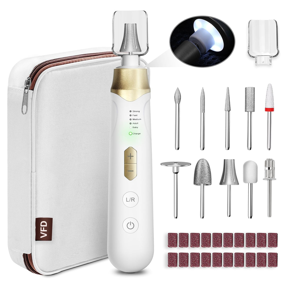 VFD electric nail file cordless front view shows portable design for on-the-go manicures.