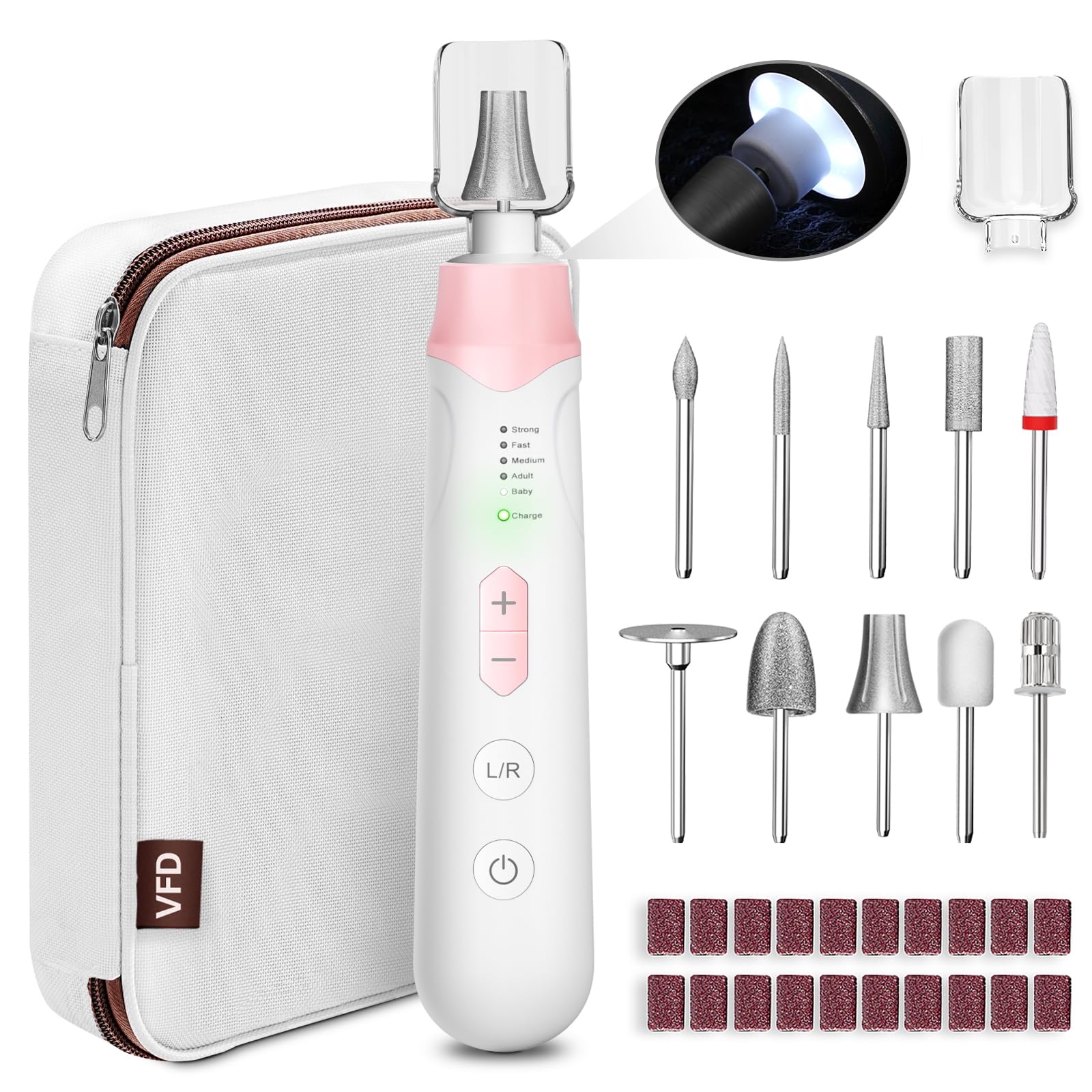VFD cordless electric nail file drill in front view with pink housing for home nail care.
