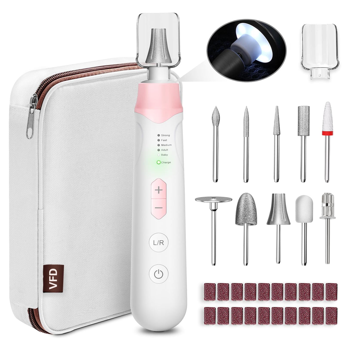 VFD cordless electric nail file drill in front view with pink housing for home nail care.