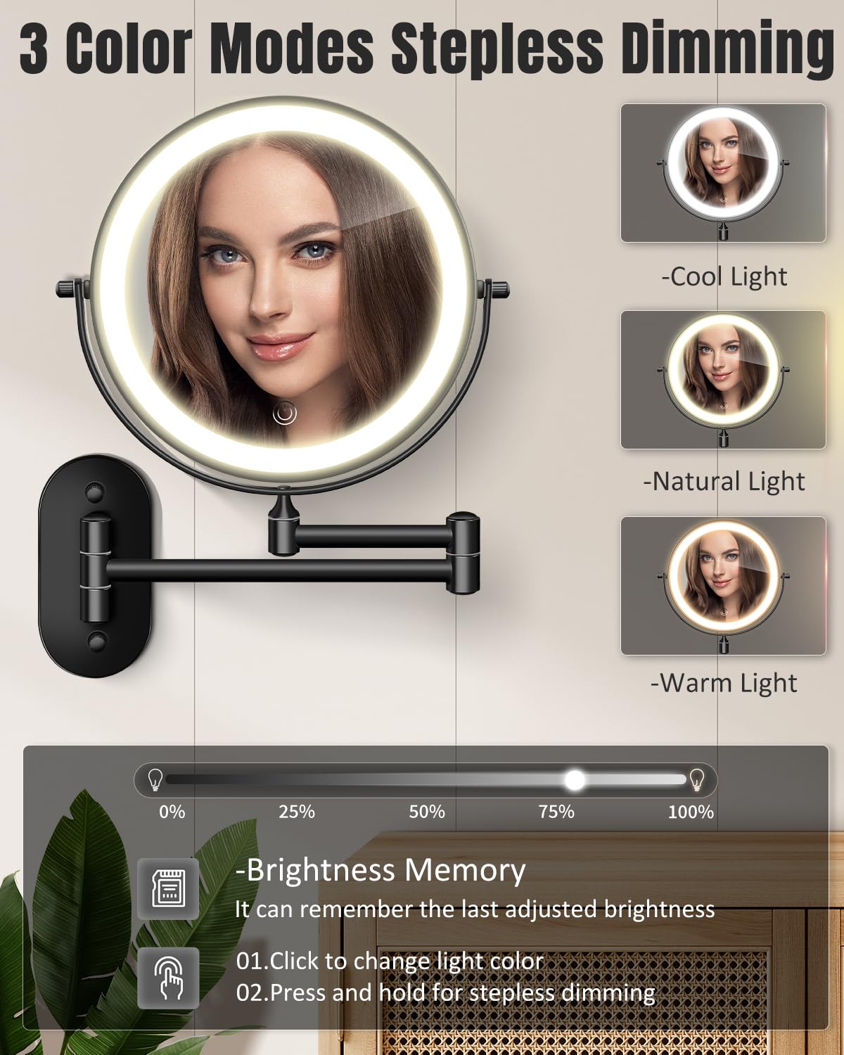 VFD lighted makeup mirror shows three color temperatures for true tones