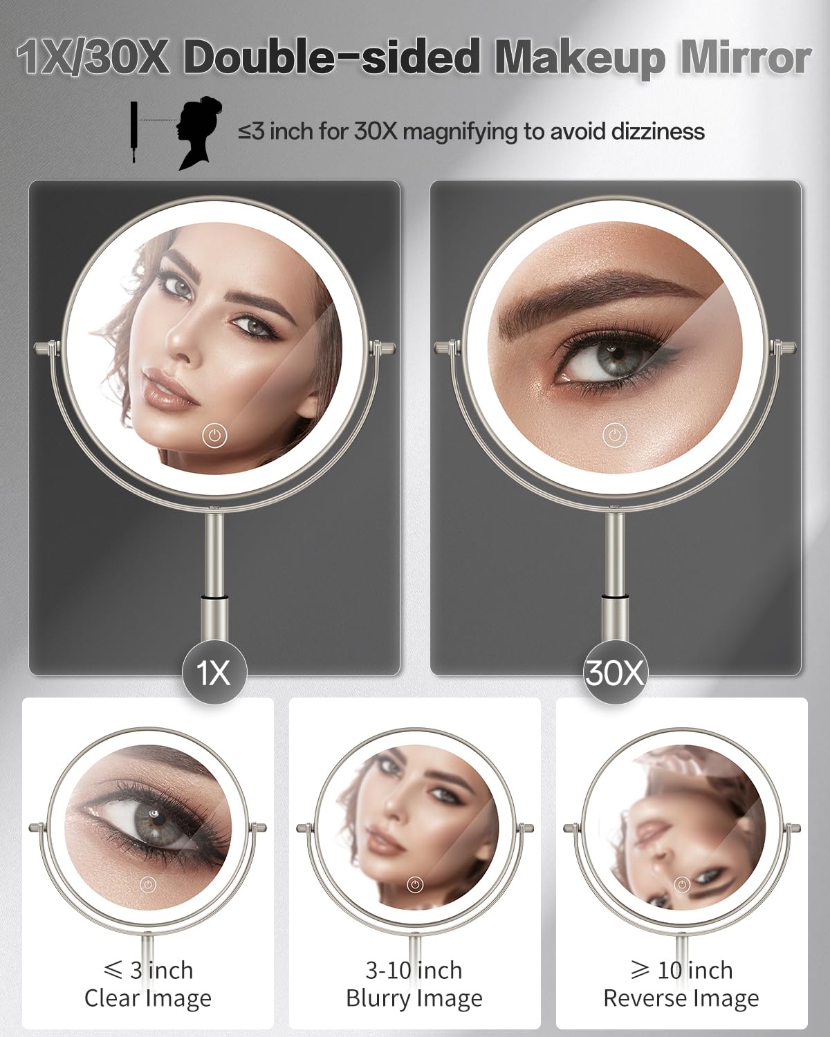 VFD lighted makeup mirror with three-color lighting for versatile moods.