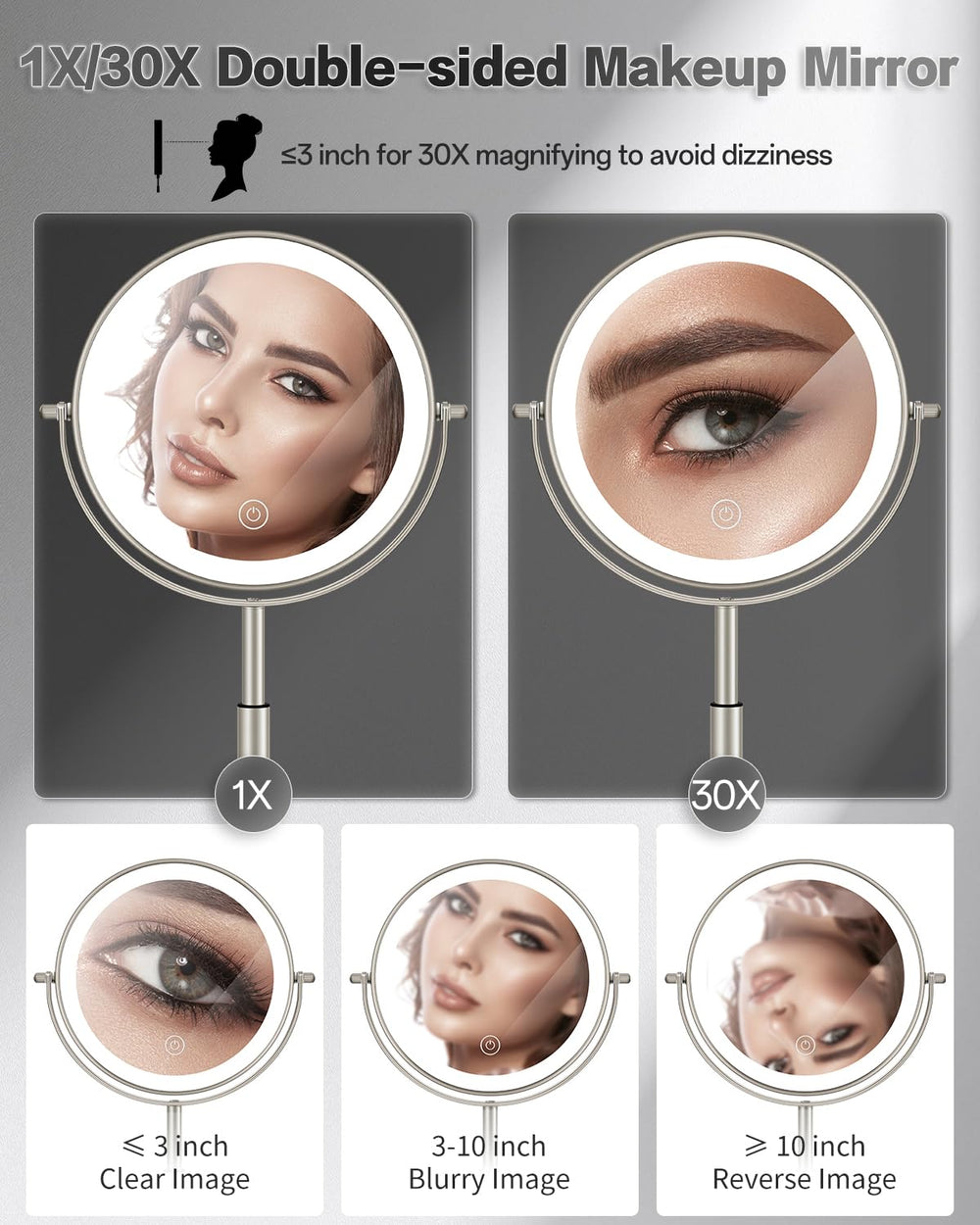 VFD lighted makeup mirror with three-color lighting for versatile moods.
