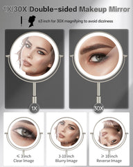 VFD lighted makeup mirror with three-color lighting for versatile moods.