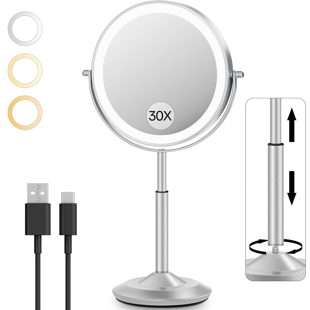 VFD makeup mirror with 30x and 1x magnification for precise grooming