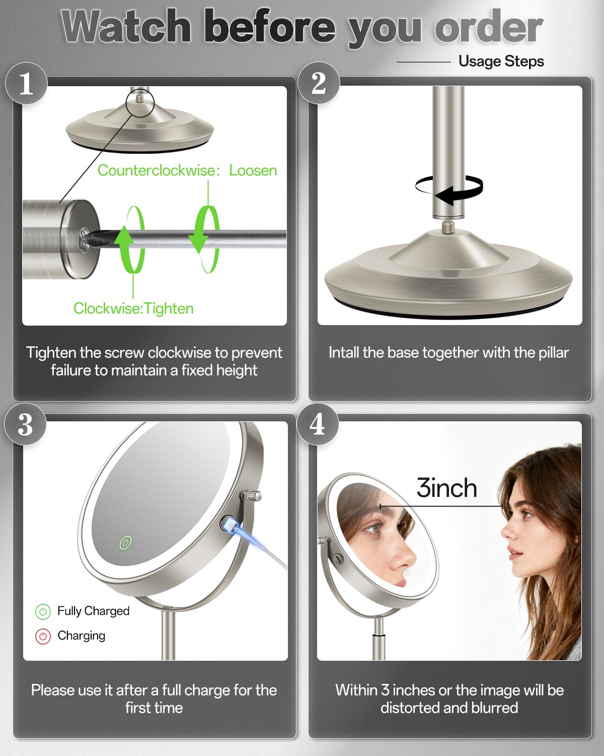 VFD makeup mirror with 30X/1X magnification for precise makeup and grooming.