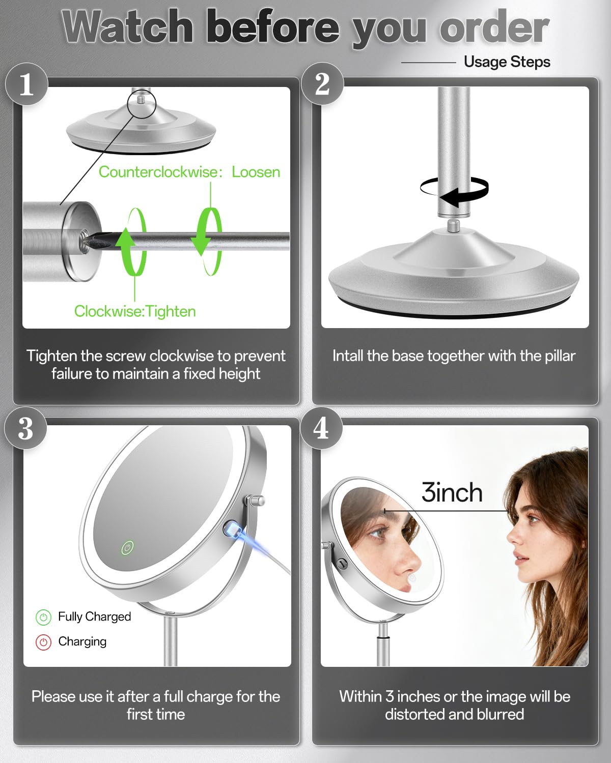 VFD makeup mirror on a height-adjustable stand for ergonomic use