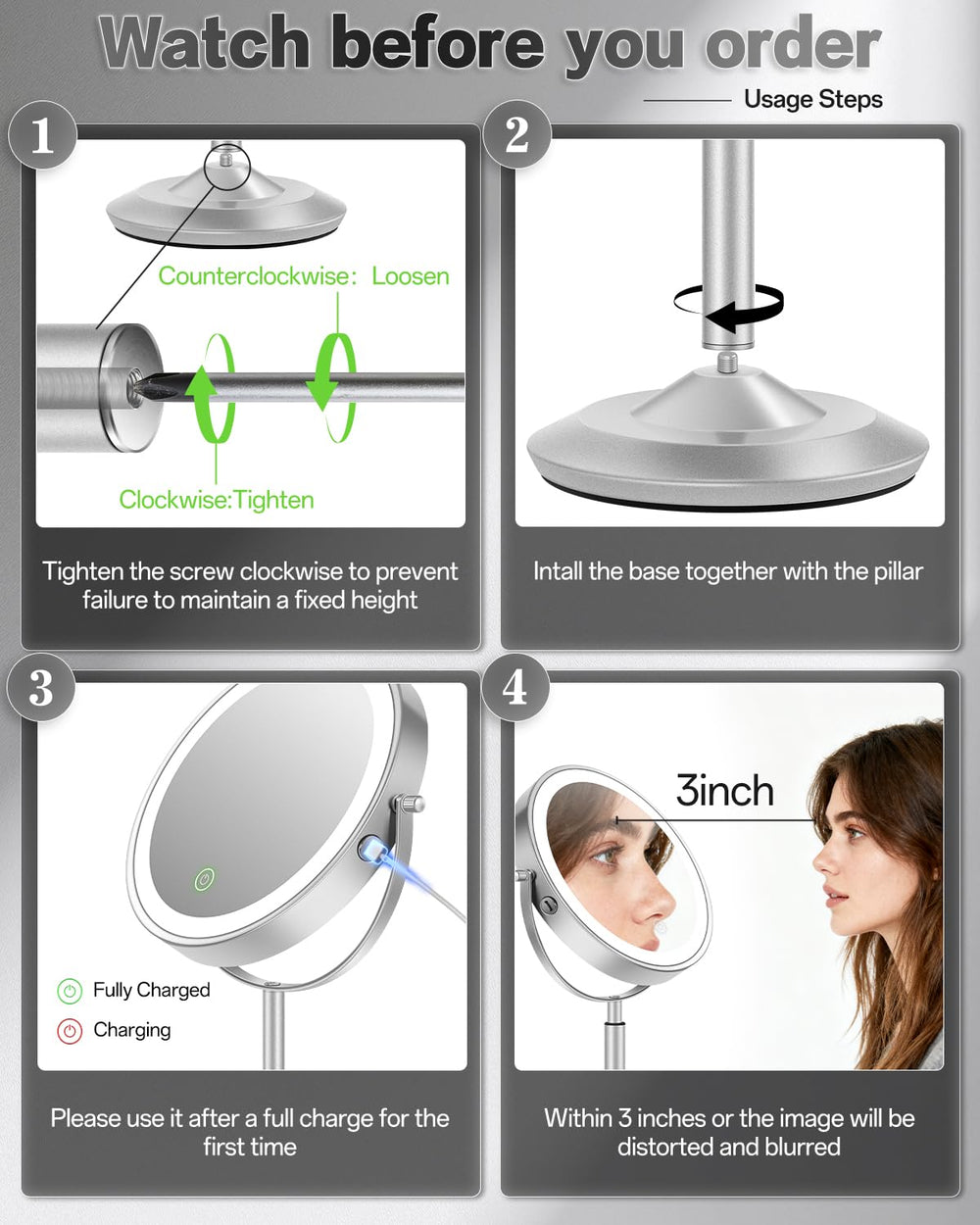 VFD makeup mirror on a height-adjustable stand for ergonomic use