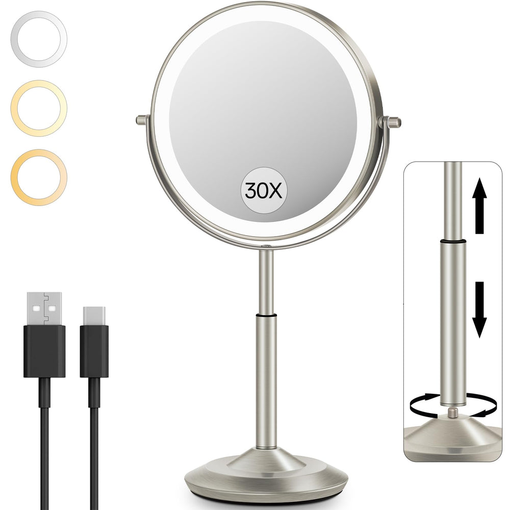 VFD makeup mirror height-adjustable stand for ergonomic desk setup.