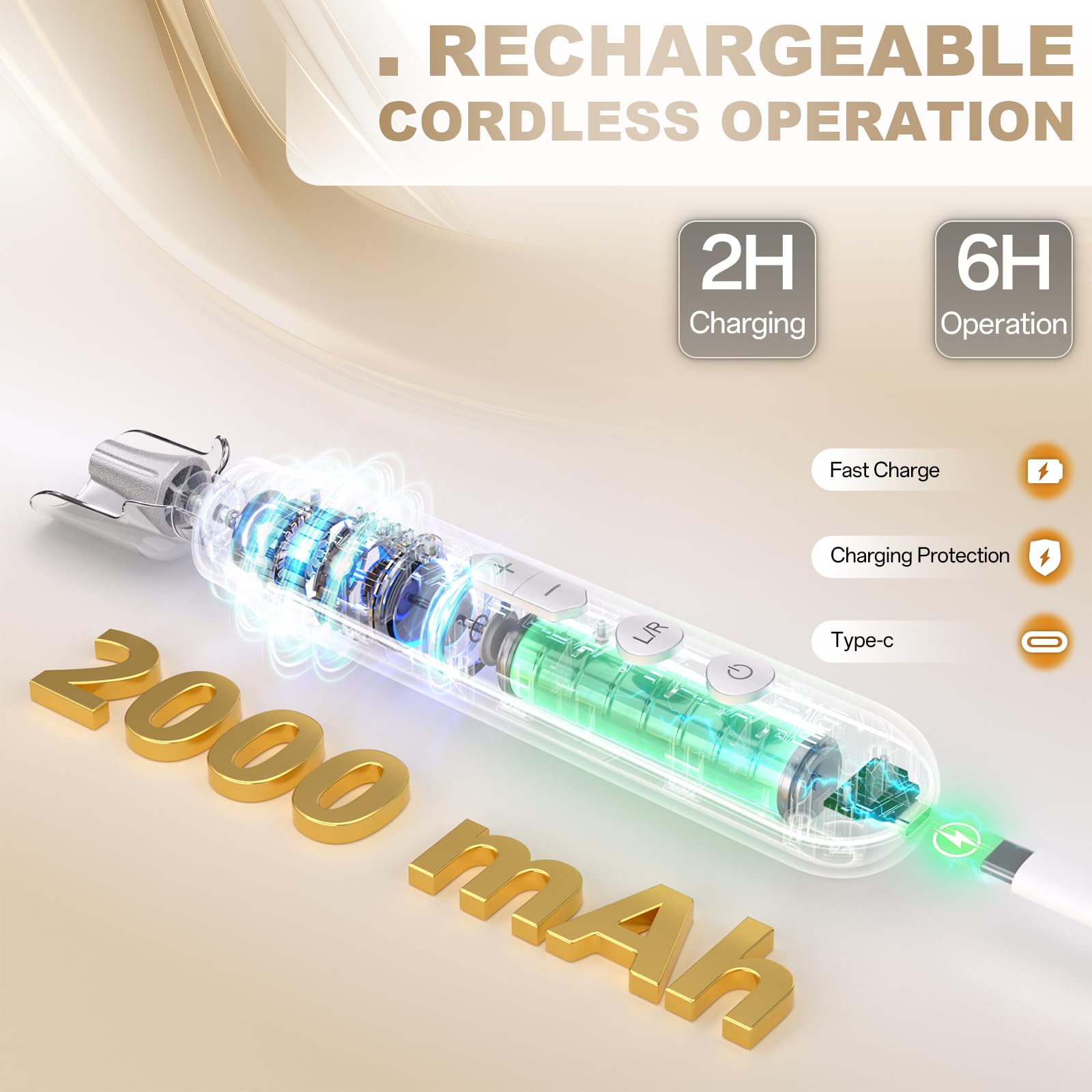 VFD rechargeable 2000mAh battery powers extended cordless nail care sessions.