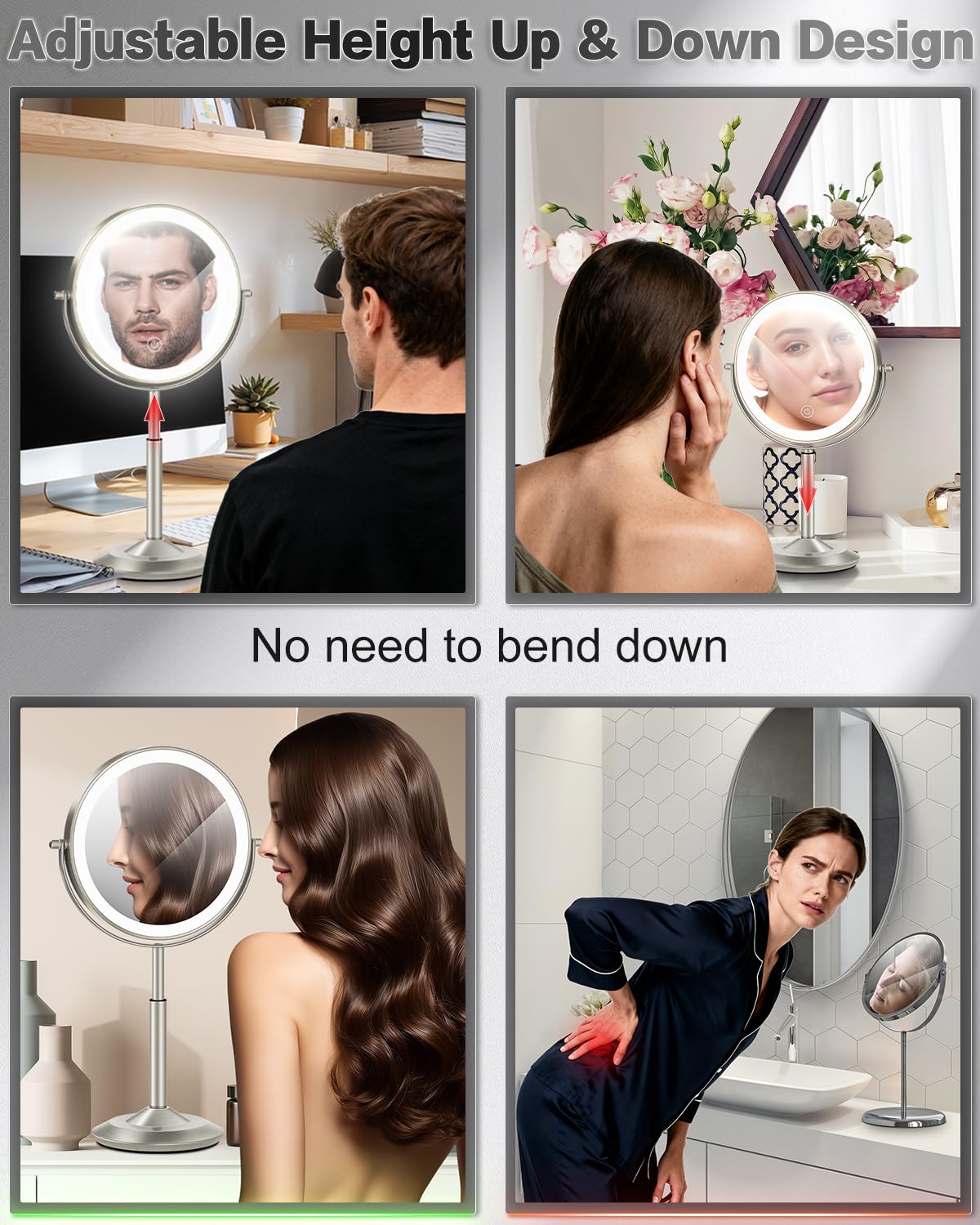 VFD rechargeable makeup mirror 3000mAh with USB-C charging for cordless use.