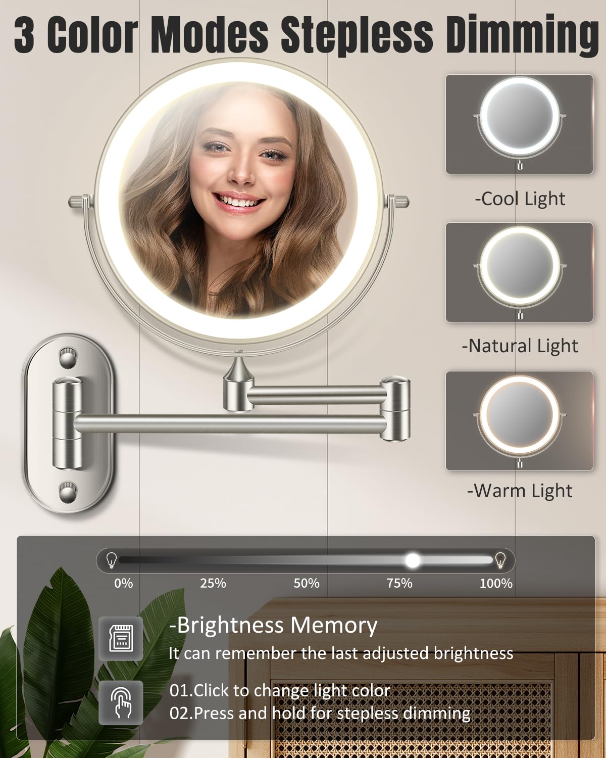 VFD rechargeable makeup mirror with USB-C charging for cordless use