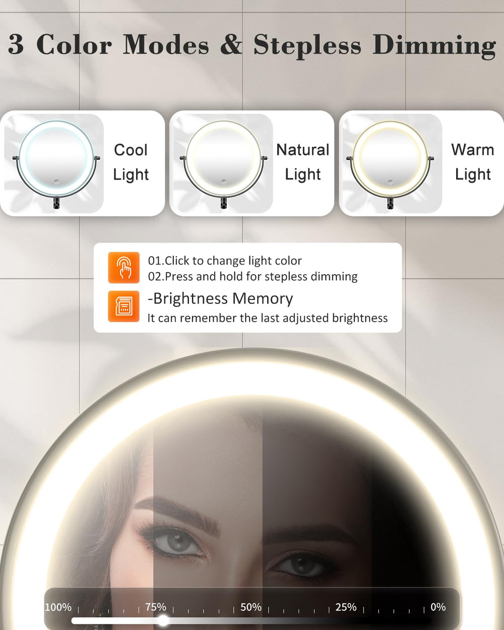 VFD three-color, dimmable lighting for natural to warm makeup tones.