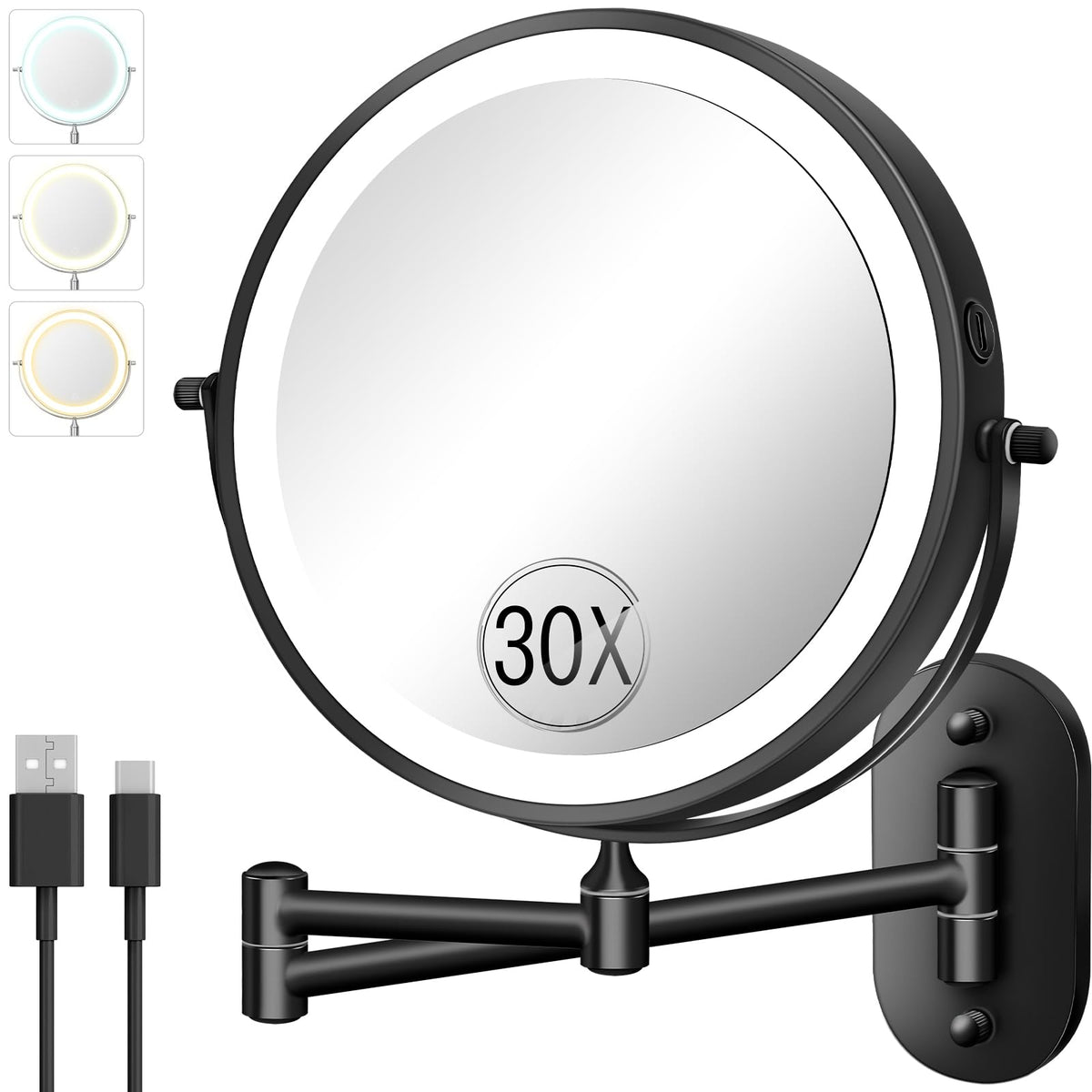 VFD wall-mounted 8-inch double-sided makeup mirror for precise application and full-face view