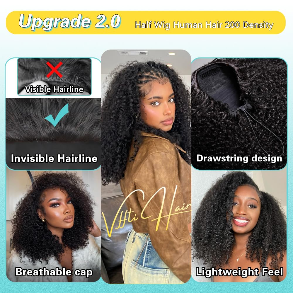 VFFTI kinky curly half wig drawstring cap for fast glue-free wear