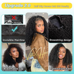 VFFTI kinky curly half wig drawstring cap for fast glue-free wear