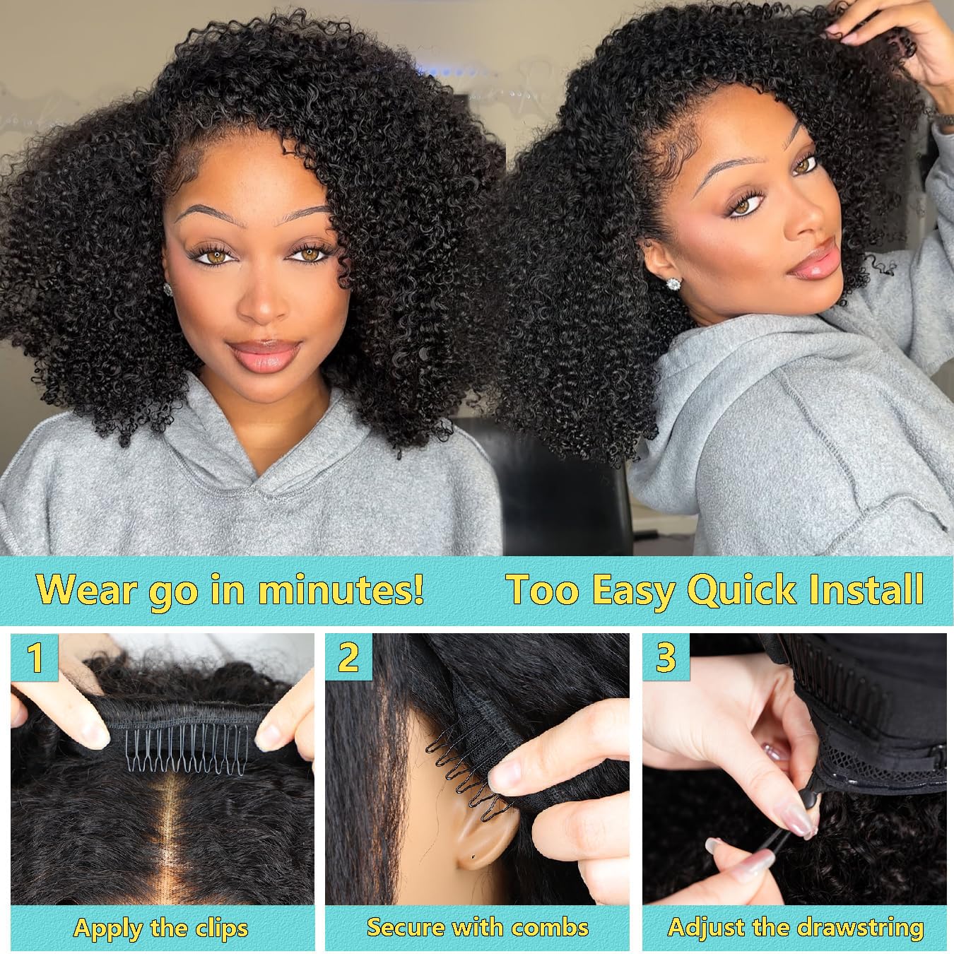 VFFTI kinky curly half wig virgin human hair closeup for premium texture