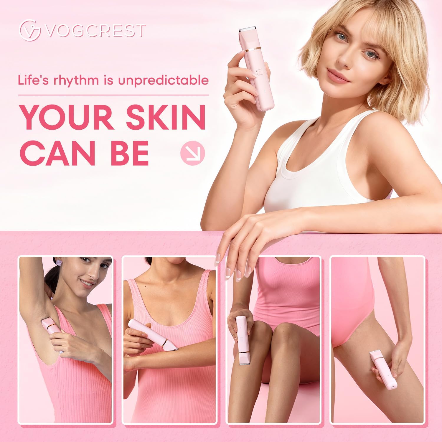 VG VOGCREST bikini trimmer head detail emphasizes hypoallergenic ceramic blades
