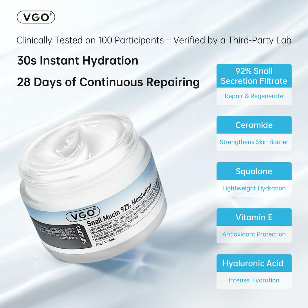 VGO Snail Mucin 92% textura cremosa: nutrición y antioxidantes para la piel.