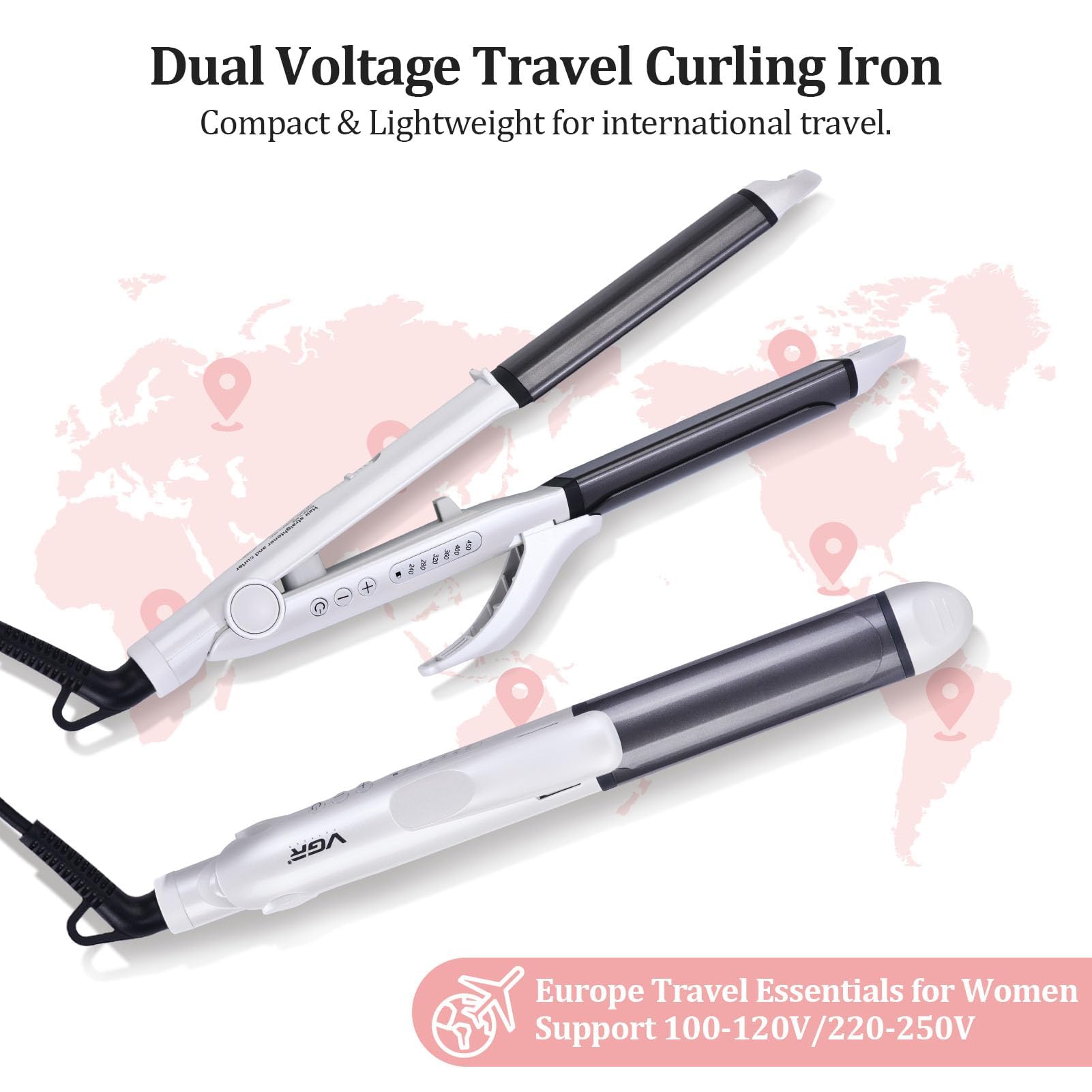 VGR travel curling iron side view highlighting 2-in-1 capability