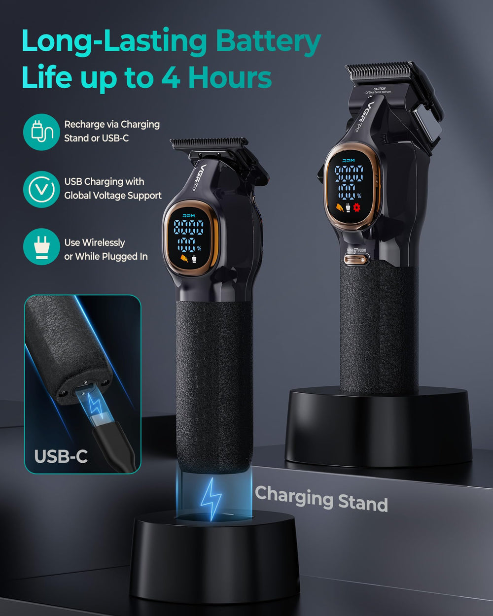 VGRPRO charging base with USB-C for easy, global charging.