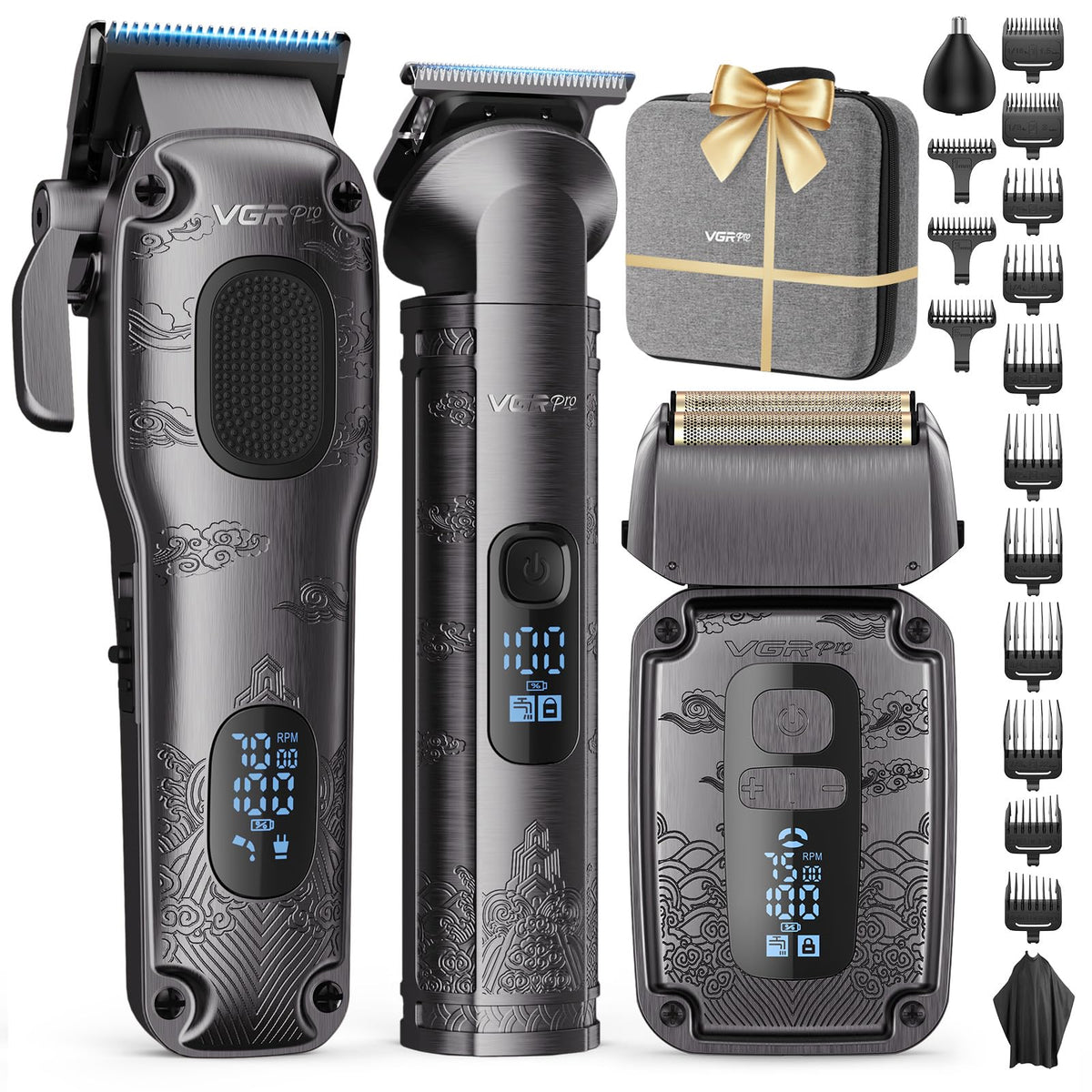 VGRPRO hair clipper with 11 guide combs for precise home haircuts