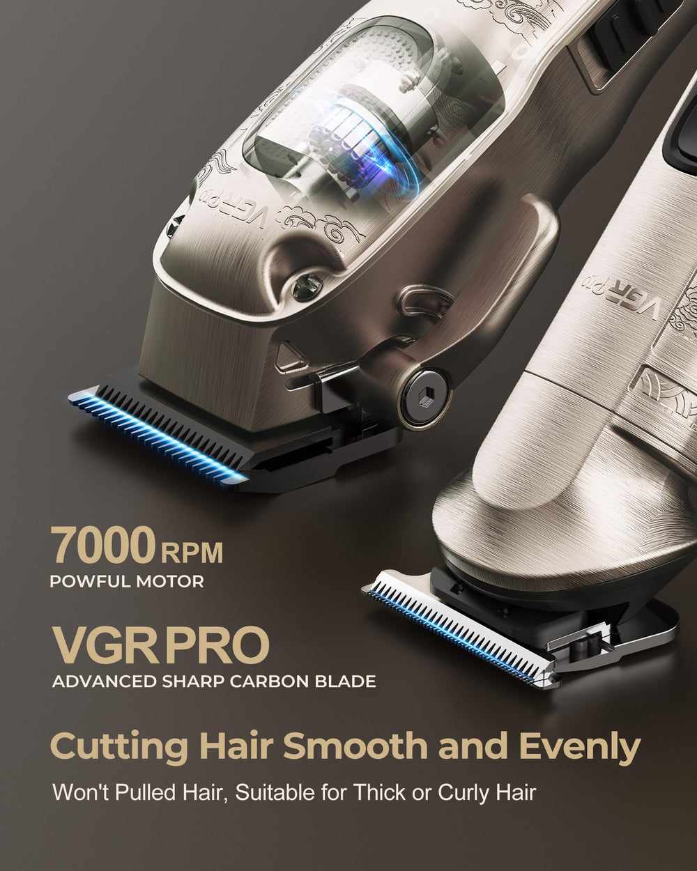 VGRPRO with 9 guide combs enables versatile fades and trims.