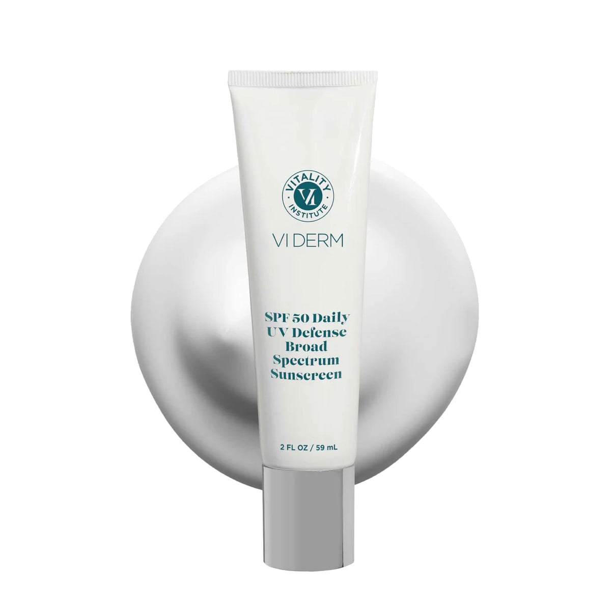 VI Derm SPF 50 Daily sunscreen bottle shows lightweight, non-greasy protection.