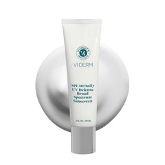 VI Derm SPF 50 Daily sunscreen bottle shows lightweight, non-greasy protection.