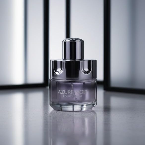 Viaan Krishna Azure Noir Pour Homme bottle closeup highlights premium cap and glass.