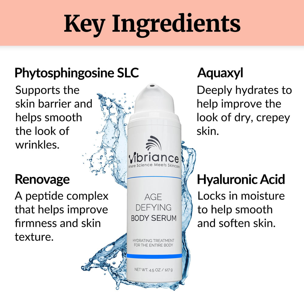 Applying Vibriance Age Defying Body Serum on the arm for quick hydration.