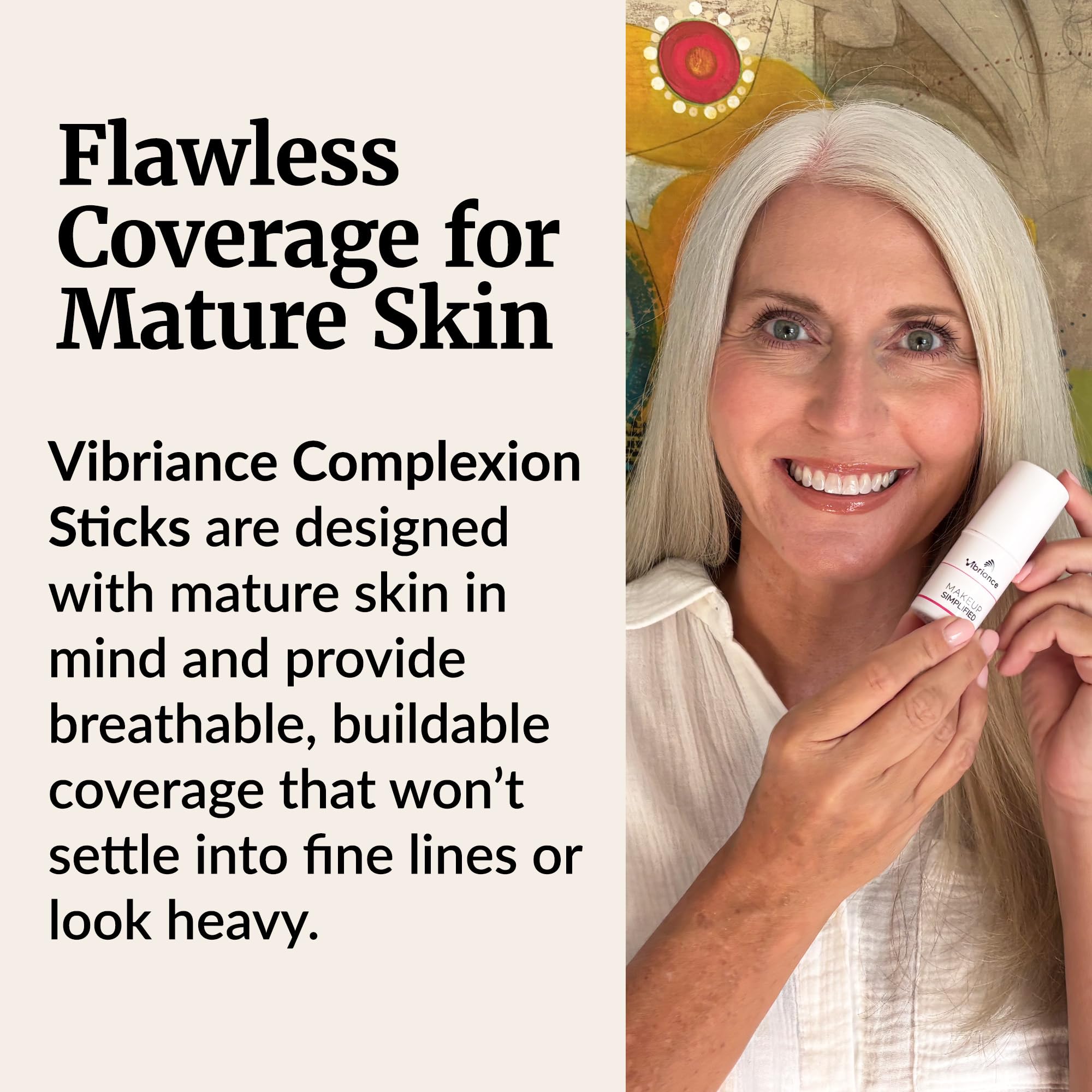 Vibriance Complexion Sticks packaging close-up shows sleek design for easy daily use.