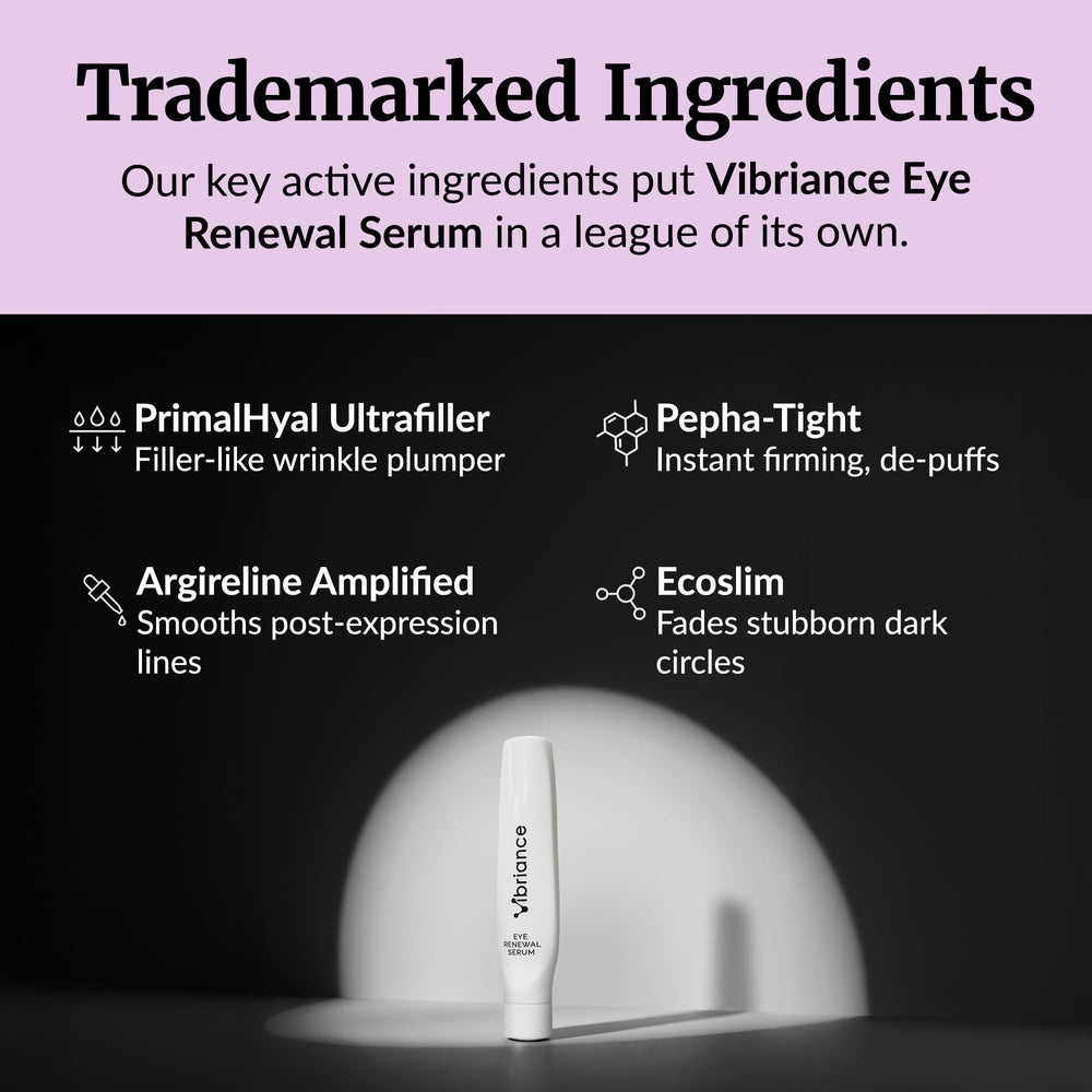 Applying Vibriance Eye Renewal Serum under the eye during morning routine.