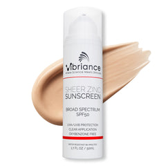 Vibriance Sheer Zinc Sunscreen bottle showing clear SPF 50 protection.