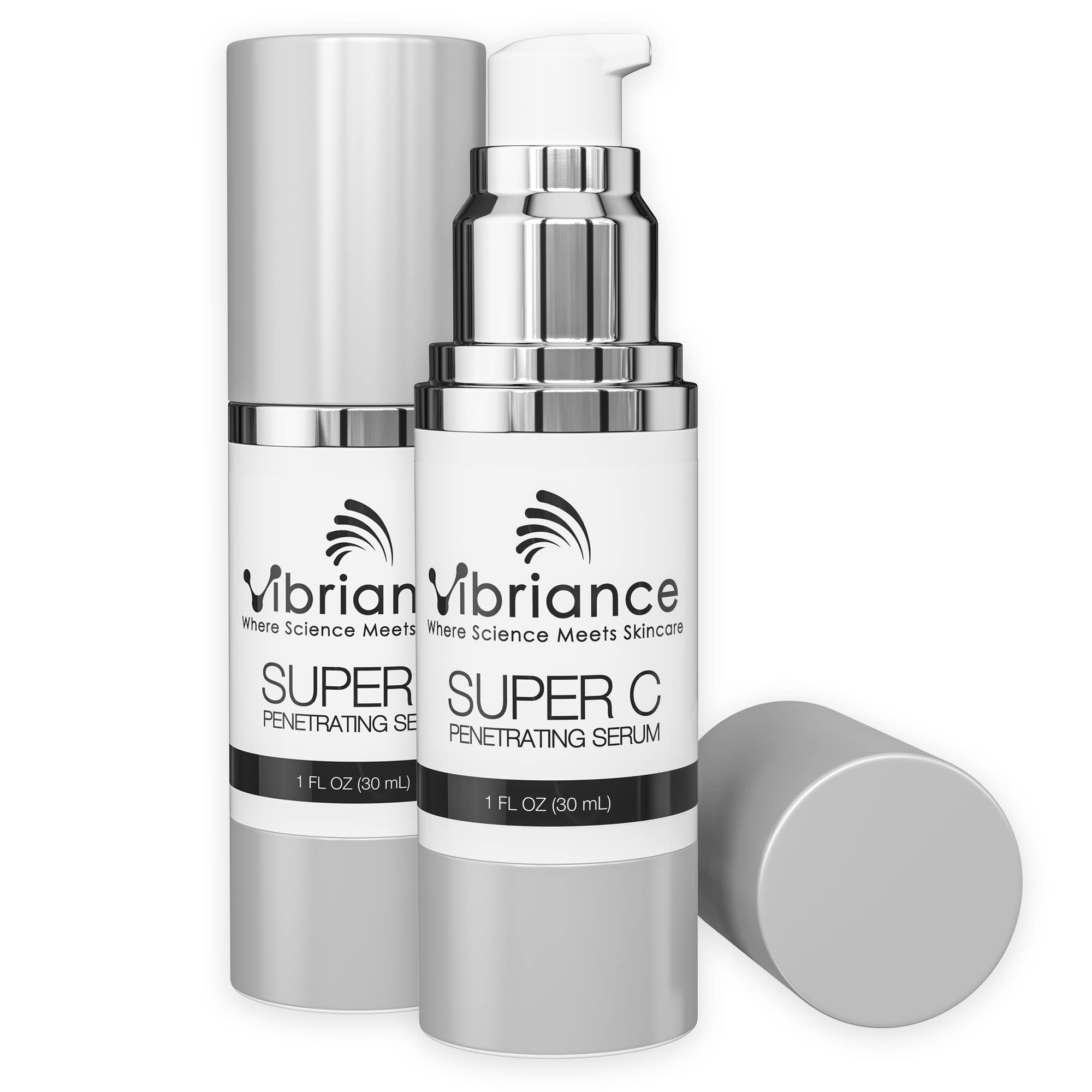 Vibriance Super C Serum bottle closeup highlights hydration potential.