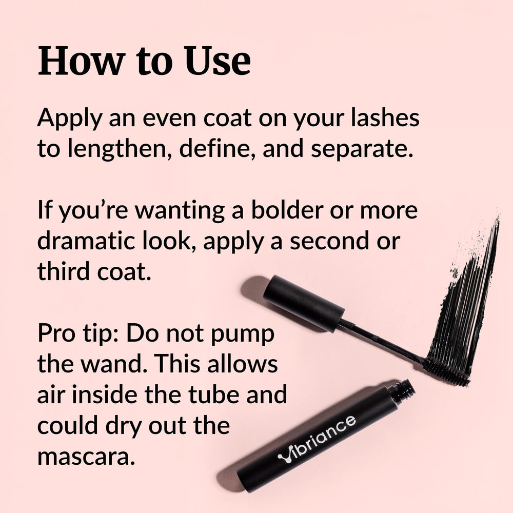 Vibriance Volumizing Tubing Mascara brush close-up highlights gentle removal and conditioning.