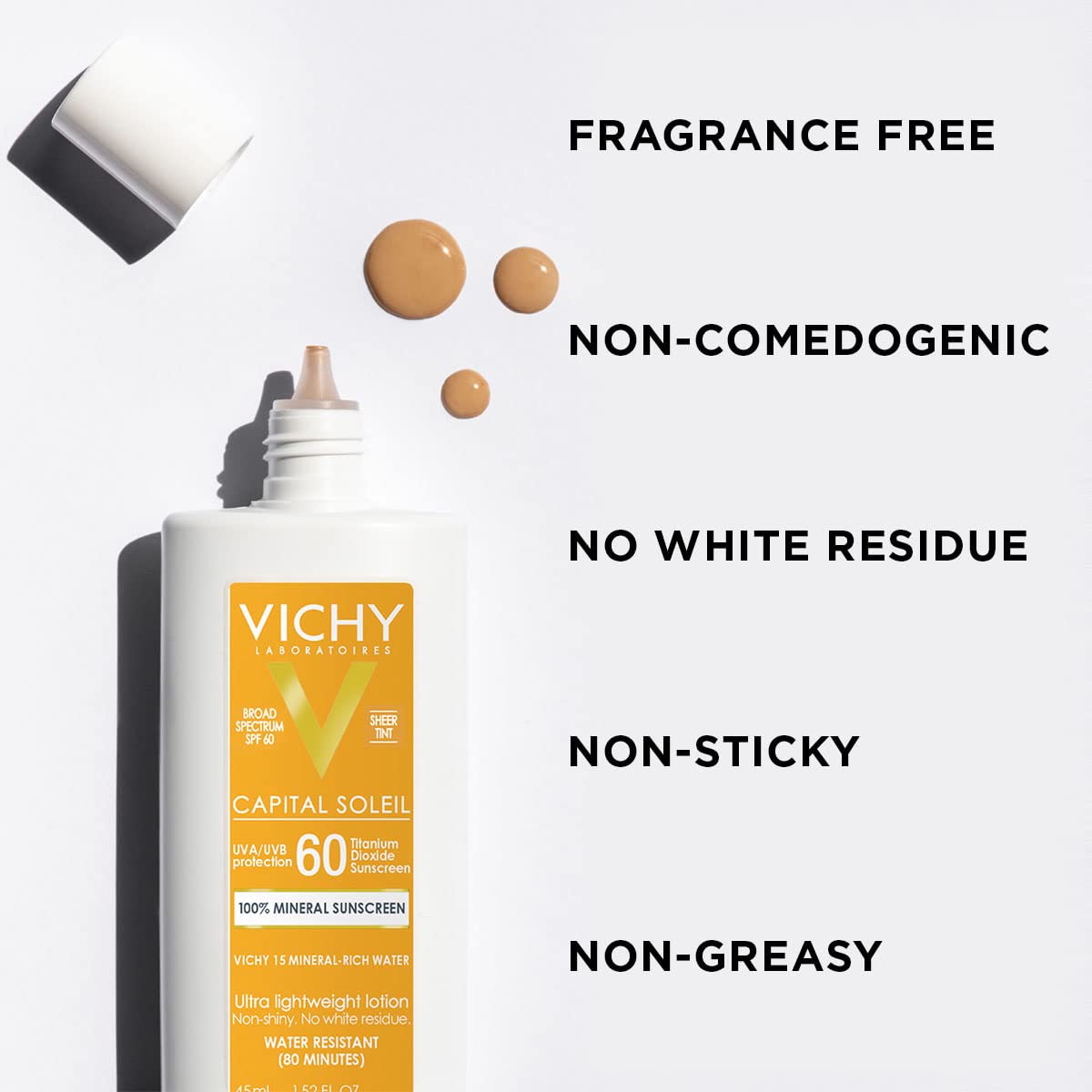 VICHY Capital Soleil close-up highlights 80-minute water resistance.