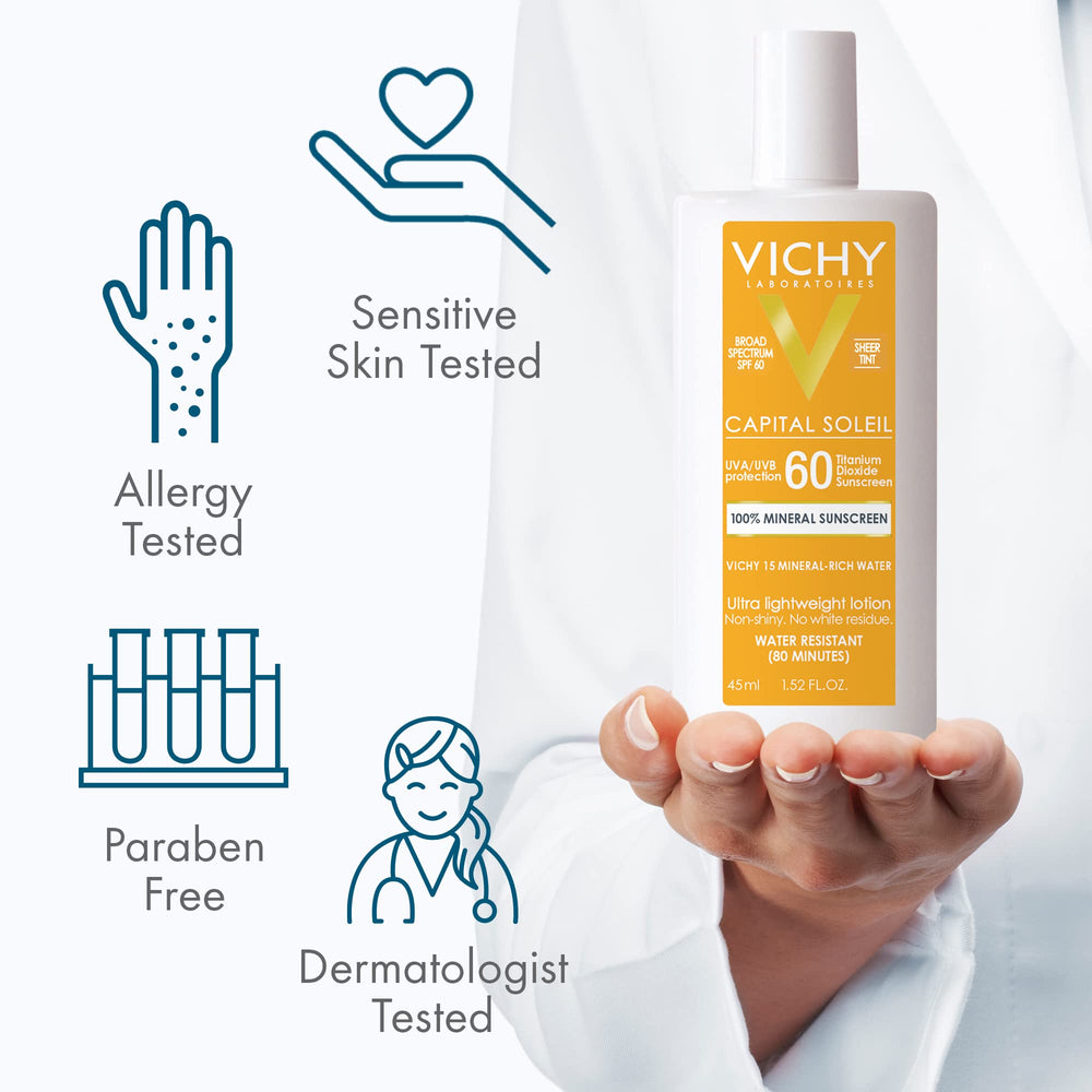 VICHY Capital Soleil mineral sunscreen swatch demonstrates SPF 60 protection.