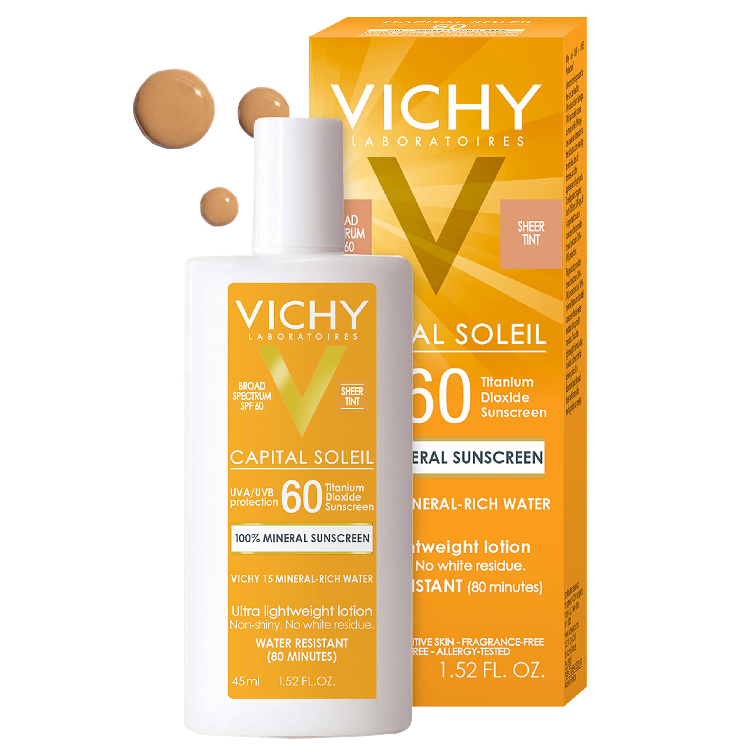 VICHY Capital Soleil tinted mineral sunscreen bottle provides lightweight protection for the face.